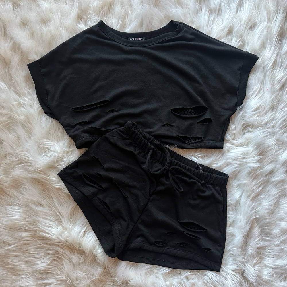 Two Piece fishnet lining loungewear set - FASHION NOVA